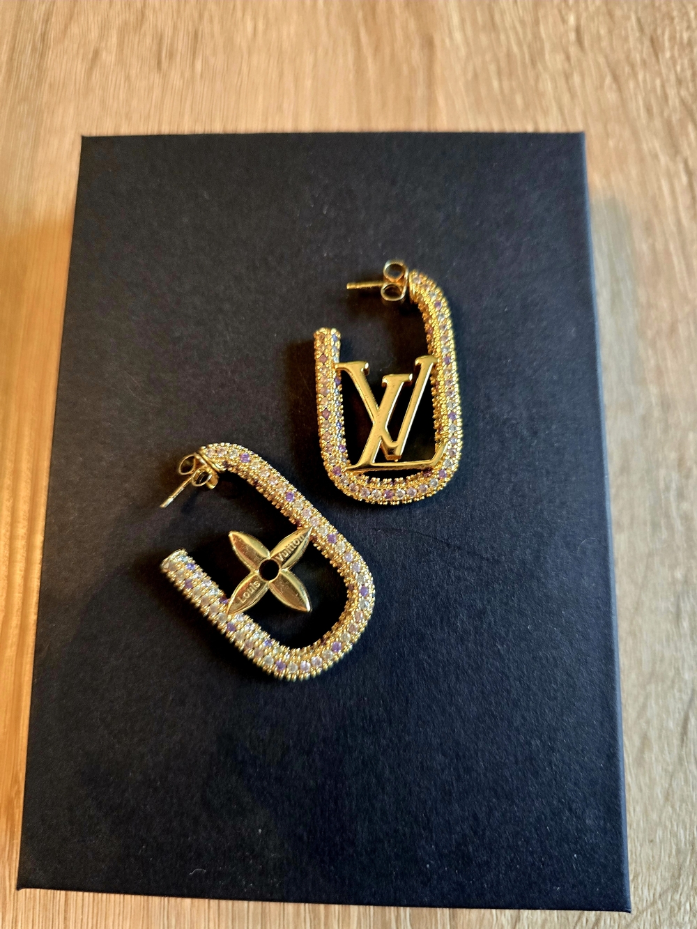 Gold And Rhinestone Floral Rectangular Logo Hoop Earrings - Picture 6 of 6